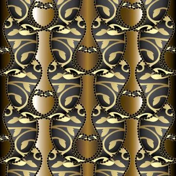 Paisley seamless pattern. Vector floral golden background with 3d gold black  Stock Illustration
