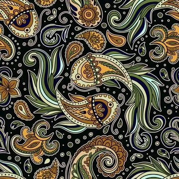 Paisley Vintage Pattern Batik Koi Fish Motif Floral Swirls And Ornament Details Stock Illustration