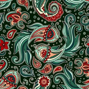 Paisley Vintage Pattern Batik Koi Fish Motif Floral Swirls And Ornament Details Illustrazione stock