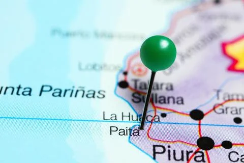 Paita pinned on a map of Peru Stock Photos