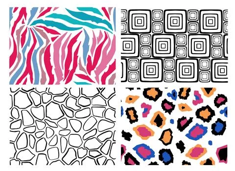 Pak seamless patterns of animal pop art skin . Vector set of patterns. Stock Illustration