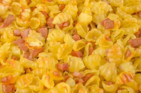 Paked pasta with ham, eggs Stock Photos