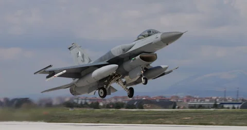 Pakistan Air Force F-16 Full Afterburner Taking Off Power. Rare Frontal Close-Up Stock Footage 248719871