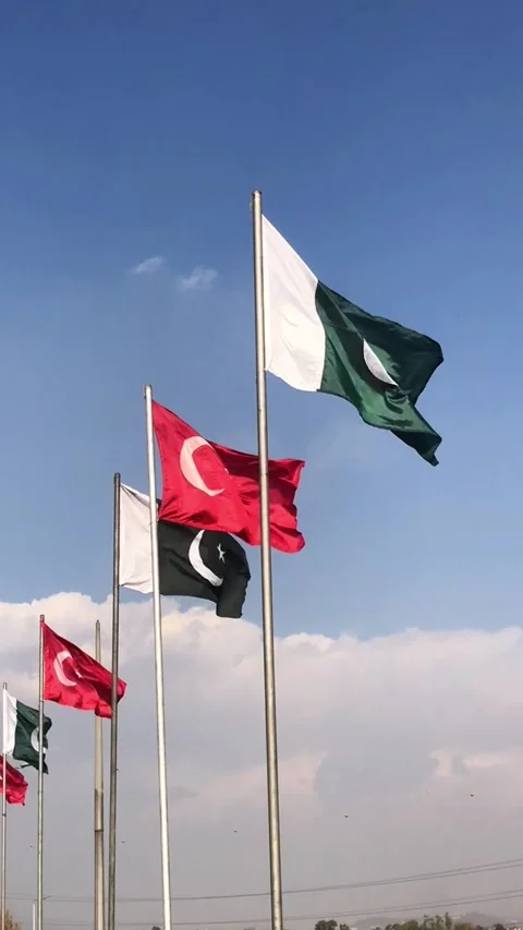Pakistan and Turkey two flags on flagpoles and blue cloudy sky, waving colorful  스톡 동영상 344650088