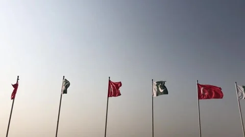 Pakistan and Turkey two flags on flagpoles and blue cloudy sky, waving colorful  스톡 동영상 344651018