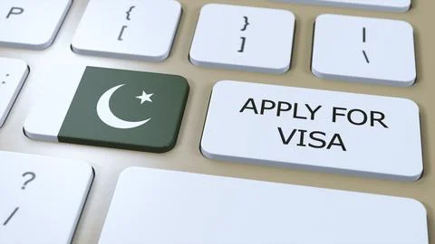 Pakistan, Apply for Visa Concept. Button Push 3D Illustration. Visa Apply for 스톡 일러스트