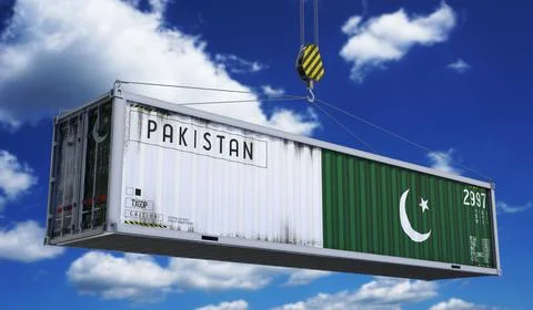 Pakistan - cargo container hanging on crane for international trade and log.. 库存插图