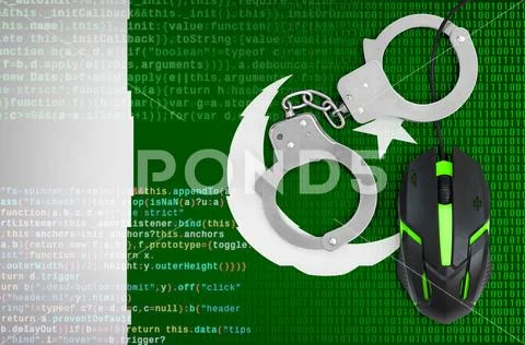 Pakistan flag and handcuffed computer mouse. Combating computer crime, hacke Stock Photos