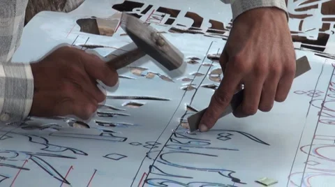 Pakistan labor workshop banners hammer worker hands detail industrial Stock Footage