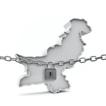Pakistan lockdown concept. Map with lock and chain. 3D Render 스톡 일러스트