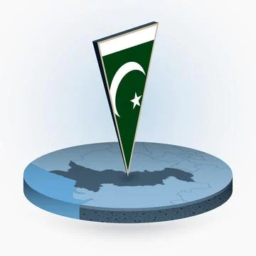 Pakistan map in round isometric style with triangular 3D flag of Pakistan Stock Illustration