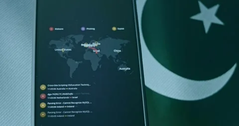 Pakistan as target of cyber attacks, live map and flag of Pakistan on background Stock Footage 310845476