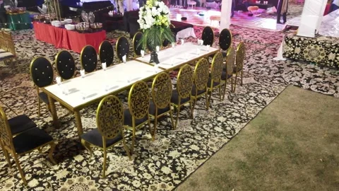 Pakistani Indian Wedding Dining Setup Featuring Elegant Chairs Video stock 327556179