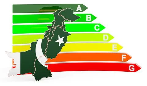 Pakistani map with energy efficiency rating, 3D rendering Stock Illustration