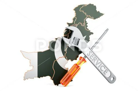 Pakistani map with screwdriver and wrench, 3D rendering Illustration ...