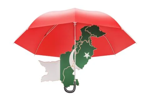 Pakistani map under umbrella. Security and protect or insurance concept, 3D r Stock Illustration