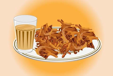 Pakore or pakode or bajji or bhaji  with Chai (Tea). Vector illutstration. Stock Illustration