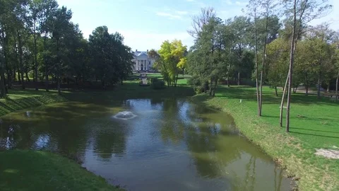 Palace and park complex Opole Lubelskie, aerial view Stock Footage 85289976