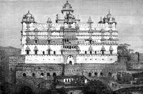 The palace of Bir Singh Deo in Duttiah, vintage engraving. Stock Illustration
