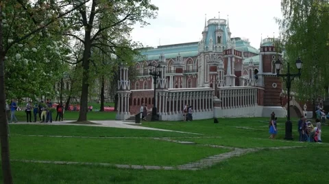 The Palace complex in Tsaritsyno Museum. The Grand Palace.The notched bridge. Stock Footage 63034151