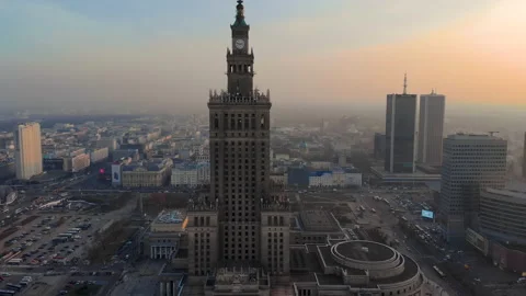 The Palace of Culture and Science during smog - Warsaw, Poland - Aerial Stock Footage