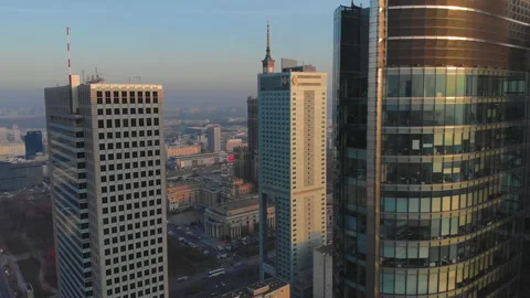 Palace of Culture and Science & Skyscrapers fly-by - Warsaw, Poland - Aerial Stock Footage