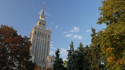 Palace of Culture and Science in Warsaw, framed by trees Stock Footage 59089682