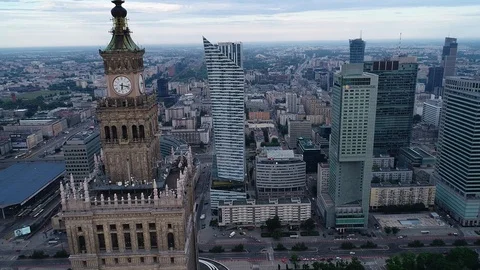 Palace of Culture and Science in Warsaw, Close Aerial Shot 4 Stock Footage