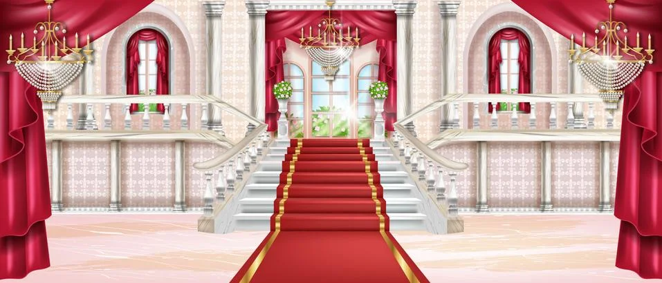 Palace vector interior background, luxury castle hall, marble staircase Ilustración de archivo