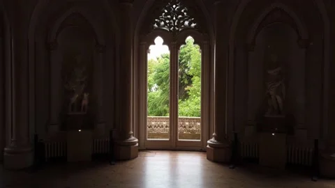 Palace window with view to the garden. Stock Footage 132528589