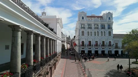 Palacio Carondelet Quito Aerial Pullback Colonnade Plaza Grande Palacio Stock Footage 331749443