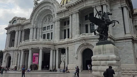 Palacio de Bellas Artes Facade With Pegasus Statue, Mexico City, Mexico 8K Stock Footage 340367954