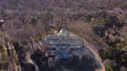 Palacio de Cristal in Madrid, Spain - Cinematic Aerial 4K Stock Footage 296326124
