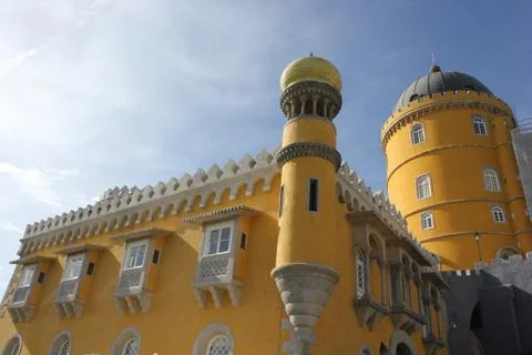 Palacio de Pena yellow section with its towers Stock Photos