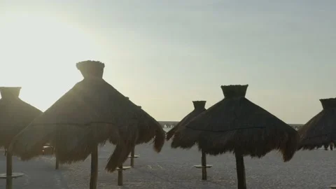 Palapa beach umbrellas in Puerto Progreso beach, Yucatan, Mexico during Stock Footage 189628016