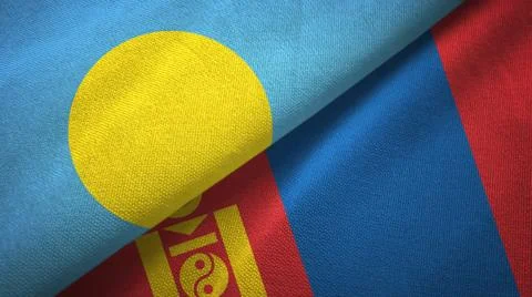 Palau and Mongolia two flags textile cloth, fabric texture Stock Illustration