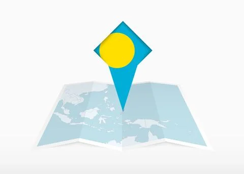 Palau is depicted on a folded paper map and pinned location marker with fla.. Stock Illustration