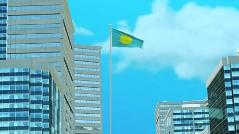 Palau Flag 3D Render Animation with Urban Architecture and Clear Blue Sky Video stock 333046100