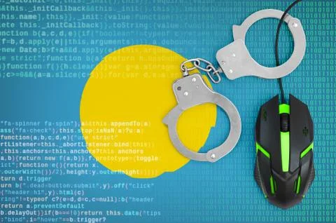 Palau flag  and handcuffed computer mouse. Combating computer crime, hackers  Stock-Fotos