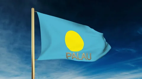 Palau flag slider style with title. Waving in the wind with cloud background Stock Footage 48597831