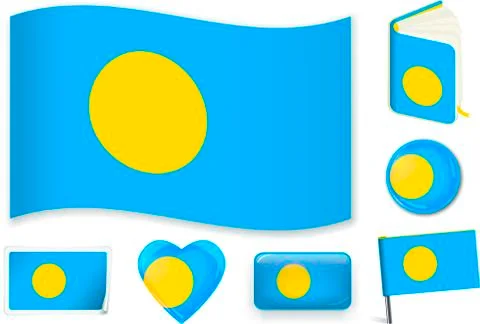 Palau flag wave, book, circle, pin, button, heart and sticker. Stock Illustration