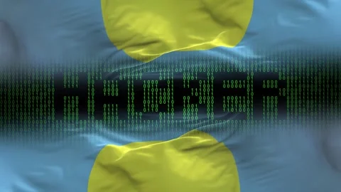 Palau flag - Waving flag on matrix binary code background Stock Footage 321420475
