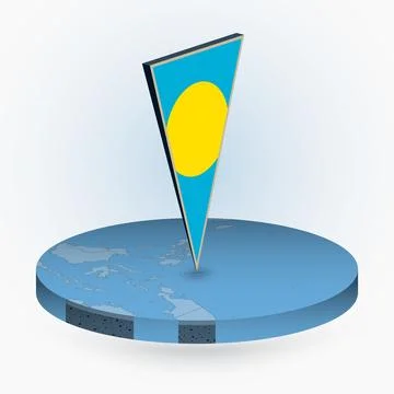 Palau map in round isometric style with triangular 3D flag of Palau Stock Illustration