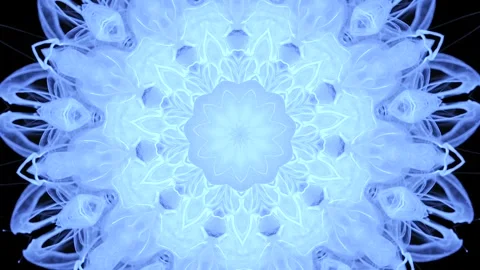 Pale blue and white ink blooms into a luminous frozen mandala Stock Footage 338110639