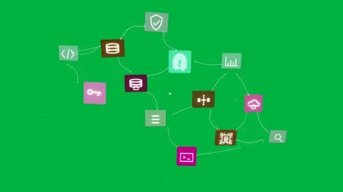 Pale-blue code icon appearing tech icons forming links and retracting, showing Stock Footage 334727021