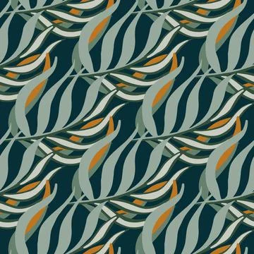 Pale blue colored tropical leaf branches silhouettes seamless doodle pattern. Stock Illustration