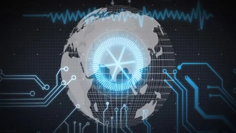 Pale blue HUD pulsing, wireframe globe rotating while circuit nodes lighting, Video stock 329551040