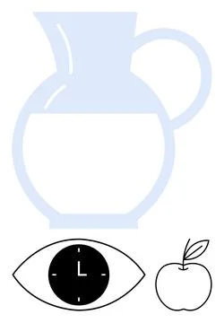 Pale blue jug, black clock inside eye, and apple. Ideal for time, health, nut 스톡 일러스트