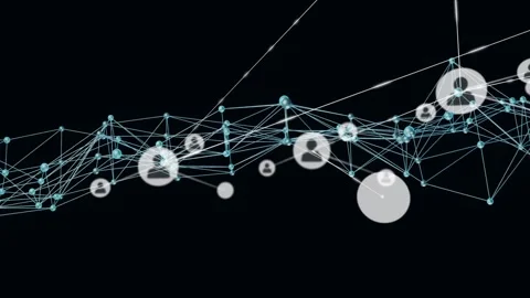 Pale-blue node network shifting, profile circles entering from right, sizing, 스톡 동영상 326307257
