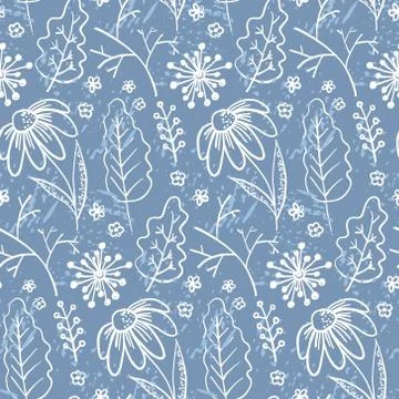 Pale blue pattern with outline leaves and branches Illustrazione stock